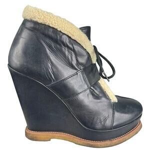 Malene Birger Women’s Black Leather Shearling Cuff Wedge Boots Size 37.5 US 7.5